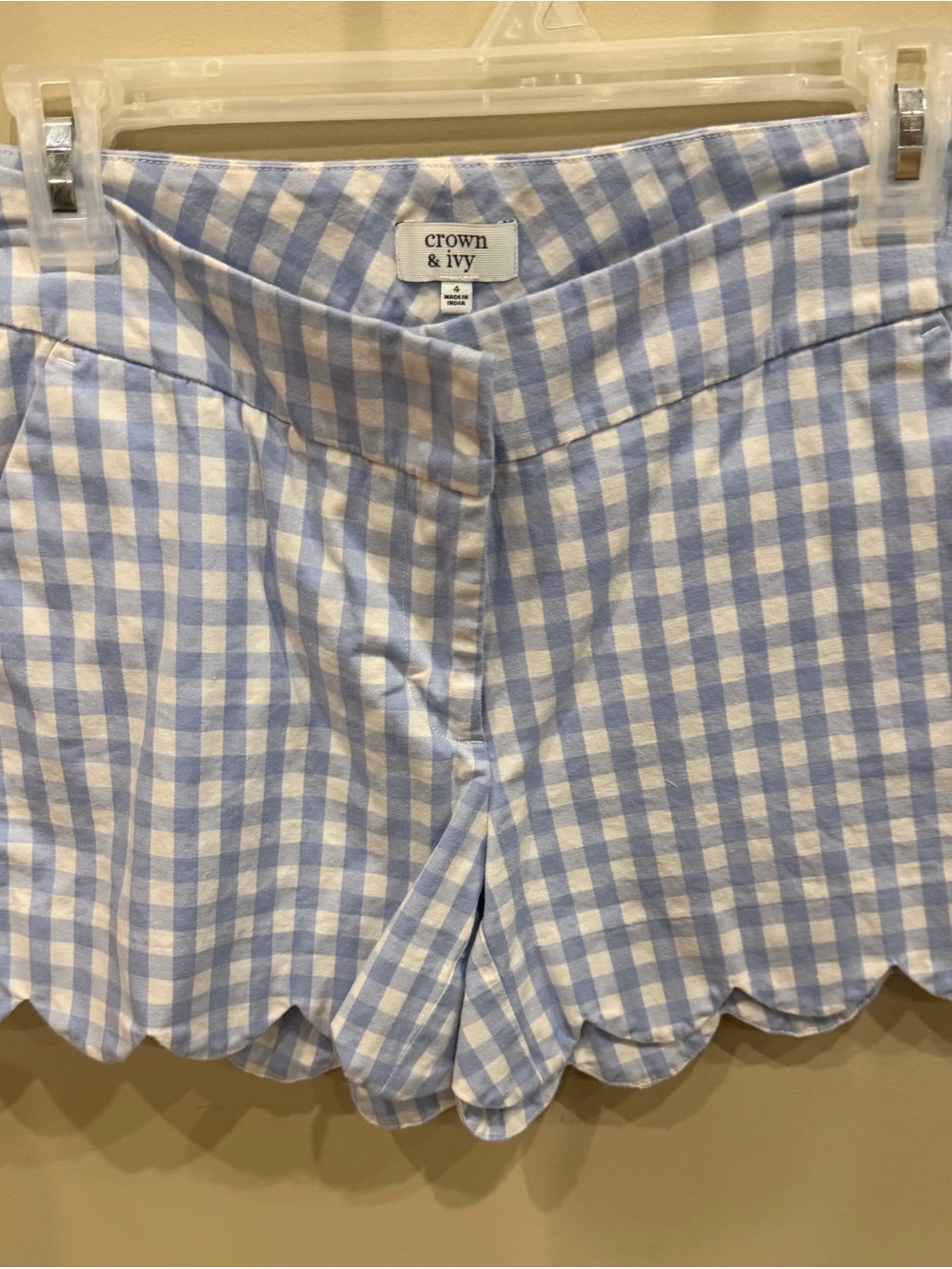 crown & ivy Light Blue and White Gingham Scalloped High-Waist Shorts
